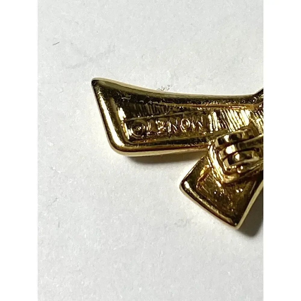 MONET Brooch Bow Cream Enamel Gold Tone Pin Vintage Signed